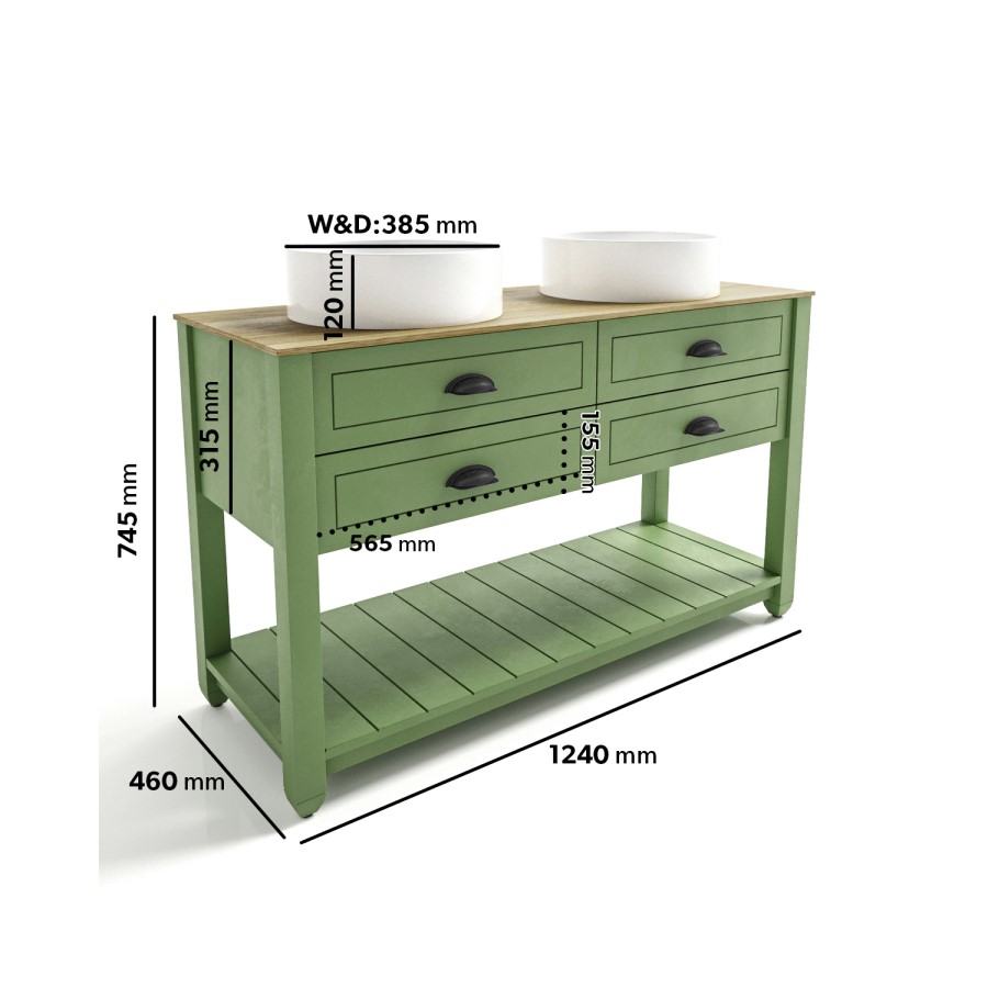 1250mm Green Traditional Freestanding Vanity Unit with Wood Effect Top and Black Handles - Kentmere