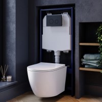 Wall Hung Rimless Toilet with Soft Close Seat, Matt Black Pneumatic Flush Plate, 1160mm Frame & Cistern – Roma