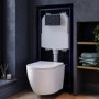 Wall Hung Rimless Toilet with Soft Close Seat, Matt Black Pneumatic Flush Plate, 1160mm Frame & Cistern – Roma