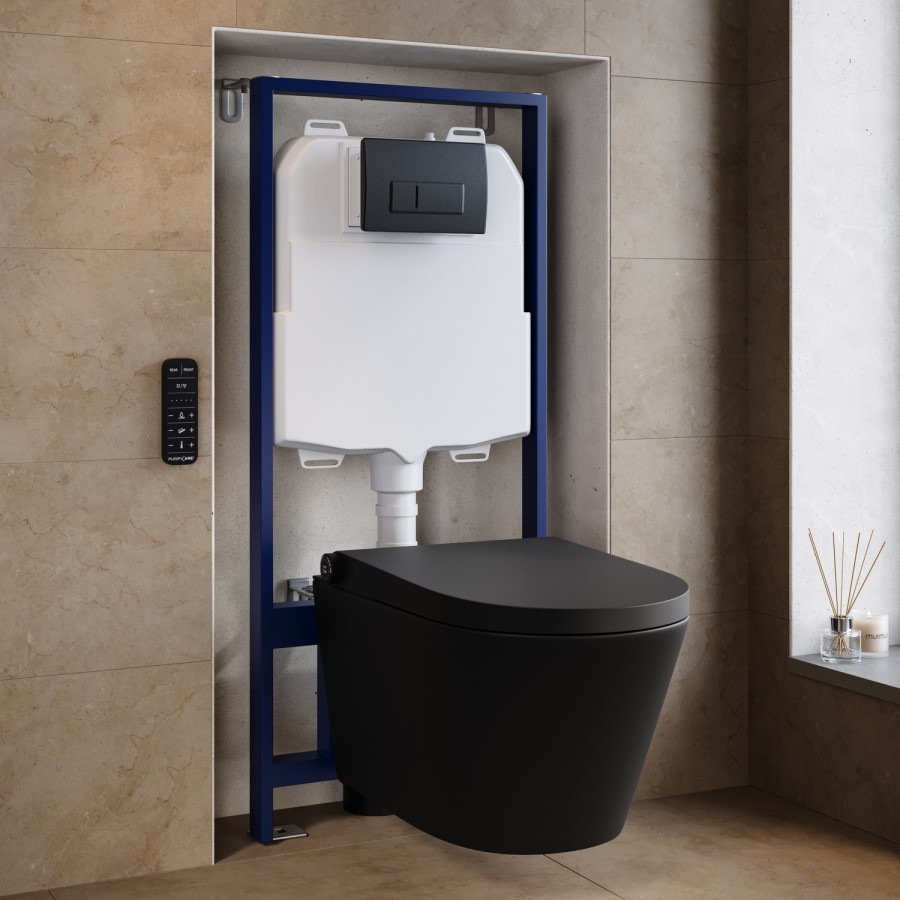 Matt Black Wall Hung Smart Bidet Japanese Toilet & 1160mm Frame Cistern with Matt Black Pneumatic Flush Plate - Purificare