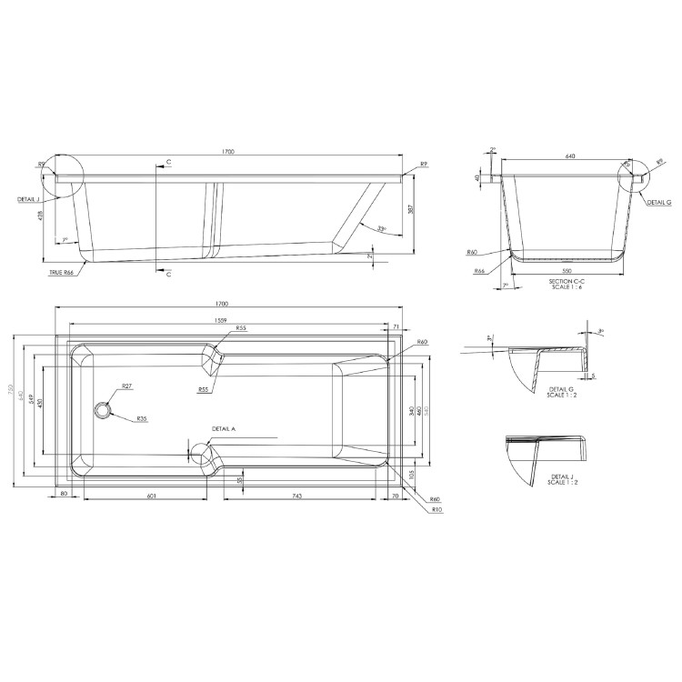 Single Ended Shower Bath with Front Panel & Matt Black Bath Screen 1700 x 750mm - Cotswold