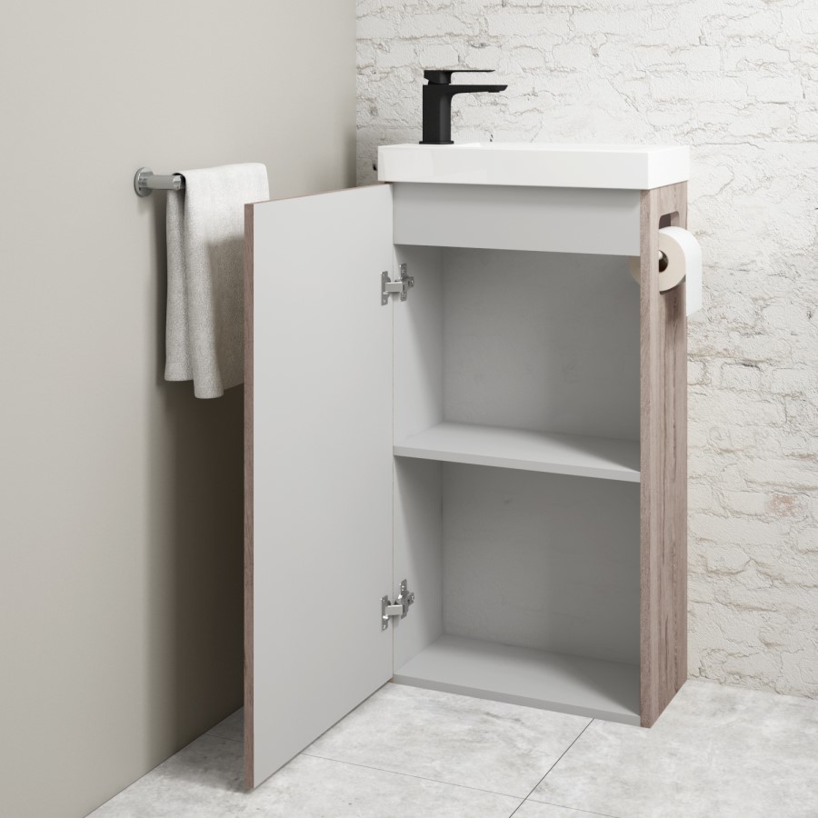 430mm Wood Effect Cloakroom Freestanding Vanity Unit with Basin and Black Handle - Virgo 
