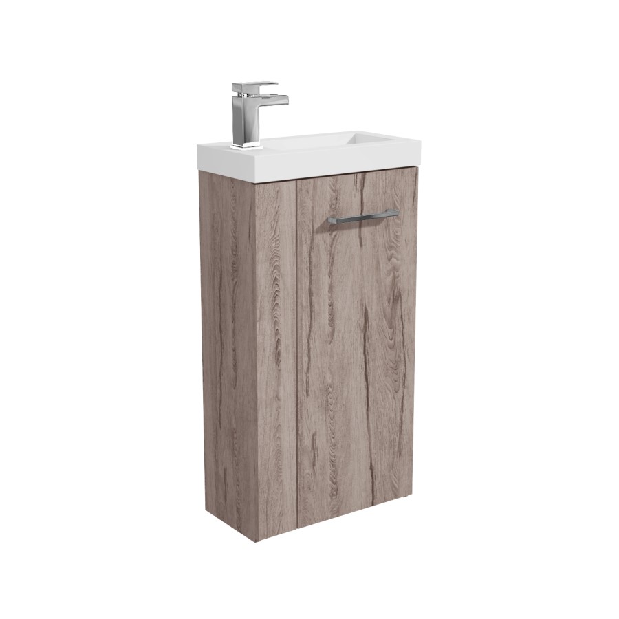 Cloakroom Suite with Wood Effect Freestanding Vanity Unit Chrome Handle and Corner Close Coupled Toilet - Virgo