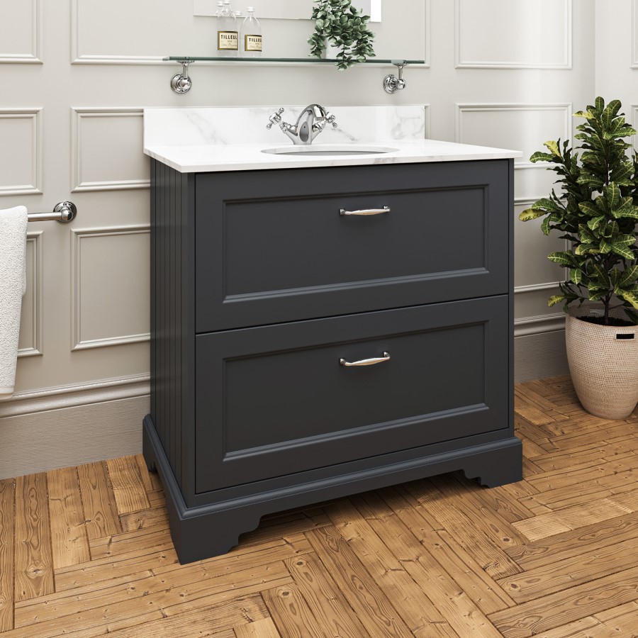 Grade A2 - 800mm Anthracite Freestanding Marble Top Vanity Unit with Basin - Ashbourne