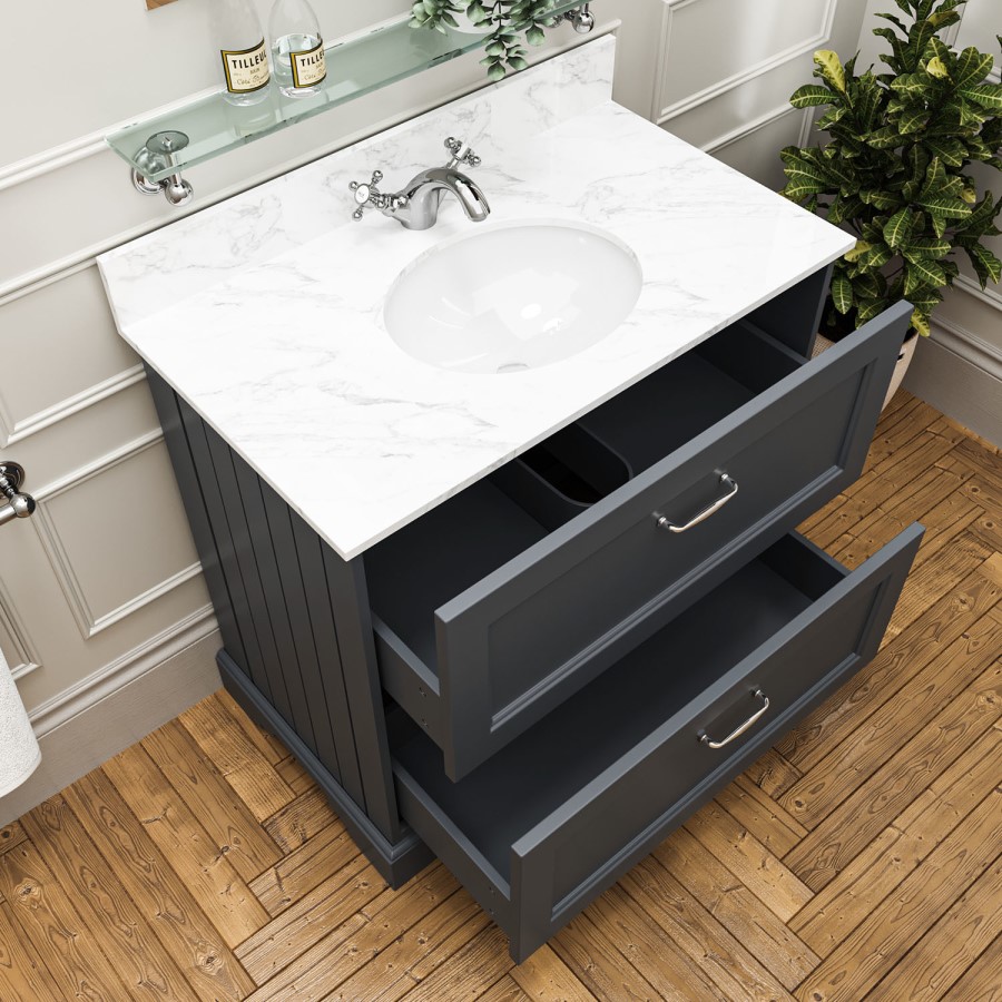 Grade A2 - 800mm Anthracite Freestanding Marble Top Vanity Unit with Basin - Ashbourne