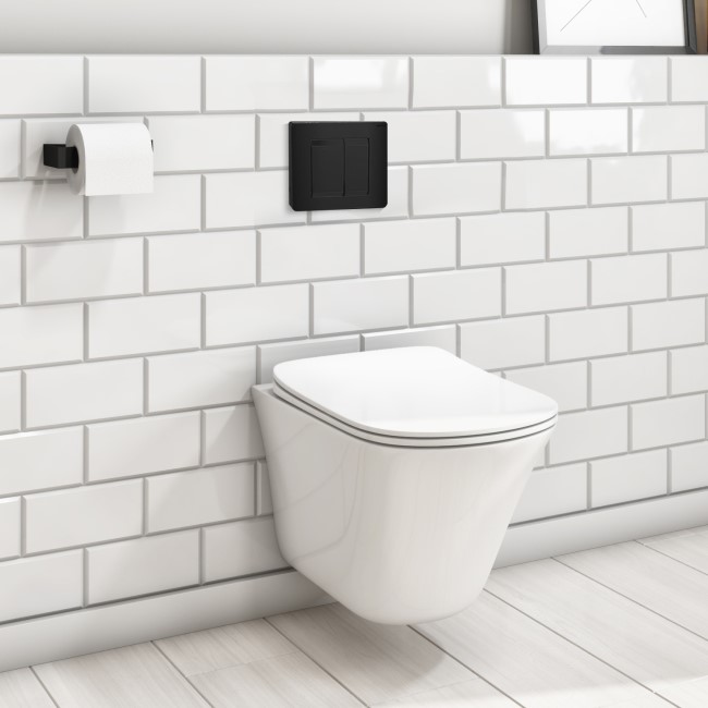 Wall Hung Rimless Toilet with Cistern Frame and Black Flush Plate - Boston