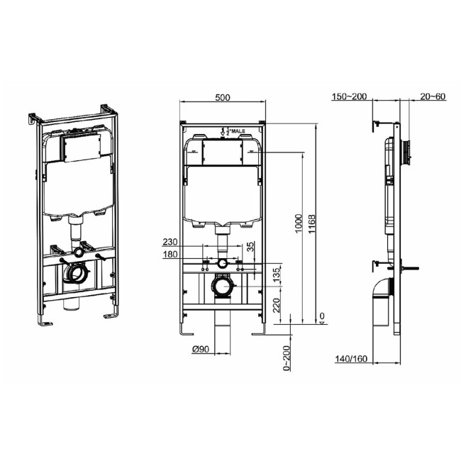 Wall Hung Rimless Toilet  - Includes Cistern Wall Hung Frame Soft Close Seat and Black Flush Plate - Boston