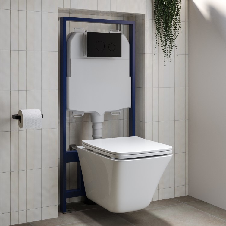 Wall Hung Rimless Toilet  - Includes Cistern Wall Hung Frame Soft Close Seat and Black Flush Plate - Boston