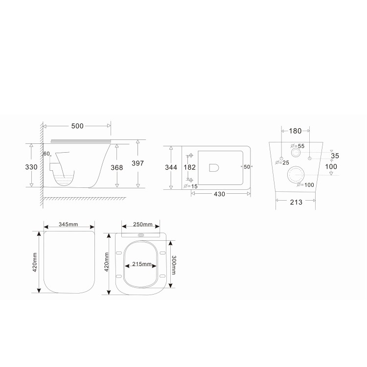 Wall Hung Rimless Toilet  - Includes Cistern Wall Hung Frame Soft Close Seat and Chrome Flush Plate - Boston