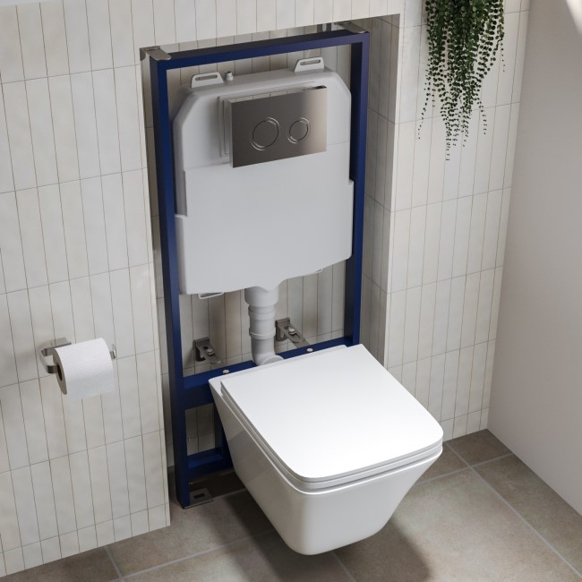 Wall Hung Rimless Toilet  - Includes Cistern Wall Hung Frame Soft Close Seat and Chrome Flush Plate - Boston