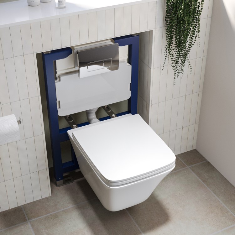 Wall Hung Toilet with Soft Close Seat Chrome Pneumatic Flush Plate 820mm Frame & Cistern - Boston