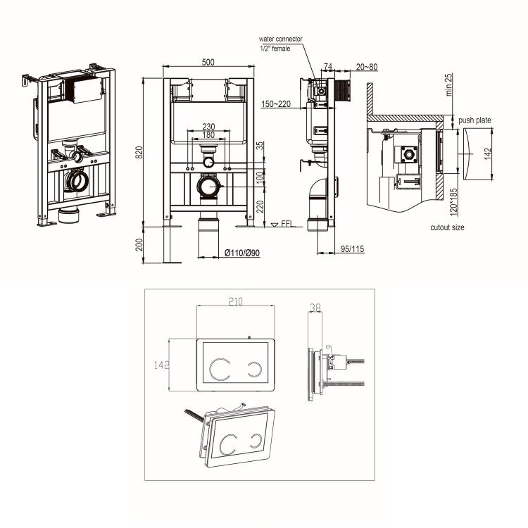 Wall Hung Toilet with Soft Close Seat White Glass Sensor Pneumatic Flush Plate 820mm Frame & Cistern - Boston