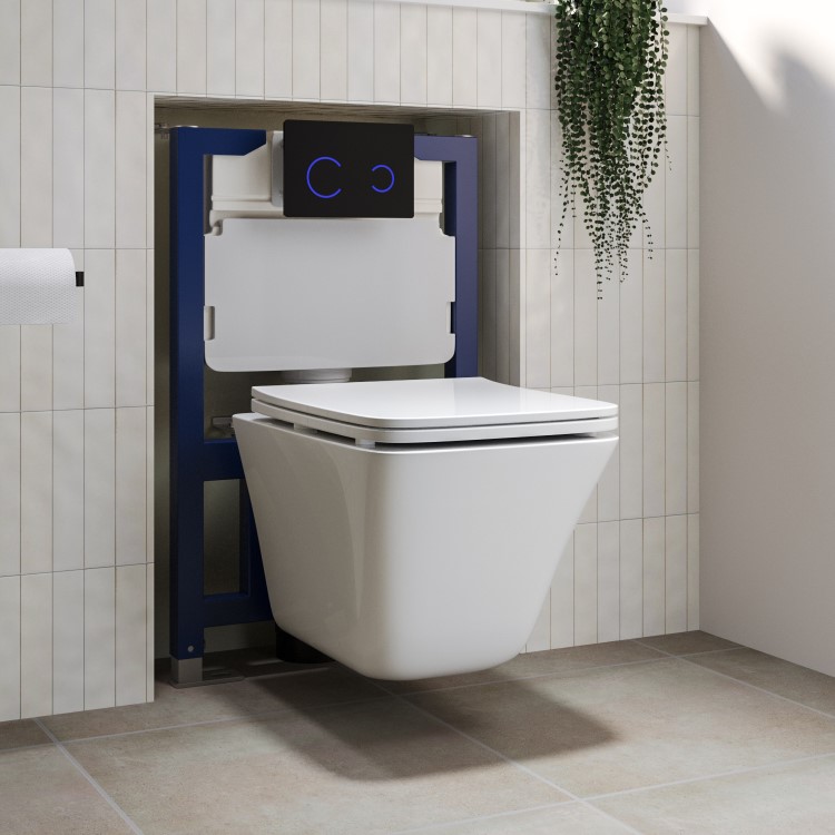 Wall Hung Toilet with Soft Close Seat Black Glass Sensor Pneumatic Flush Plate 820mm Frame & Cistern - Boston