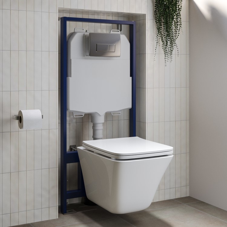 Wall Hung Toilet with Soft Close Seat Chrome Pneumatic Flush Plate 1160mm Frame & Cistern - Boston