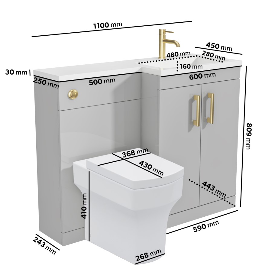 1100mm Grey Toilet and Sink Unit Right Hand with Brass Fittings - Ashford