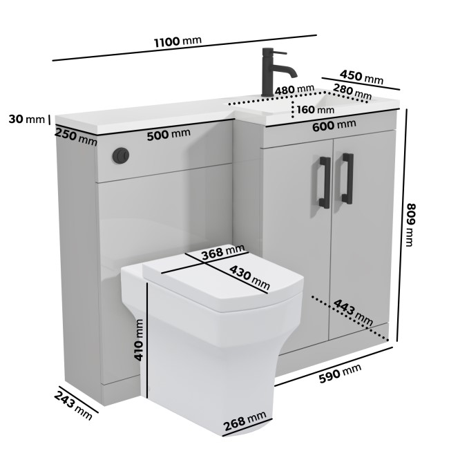 1100mm Grey Toilet and Sink Unit Right Hand with Square Toilet and Black Fittings - Ashford