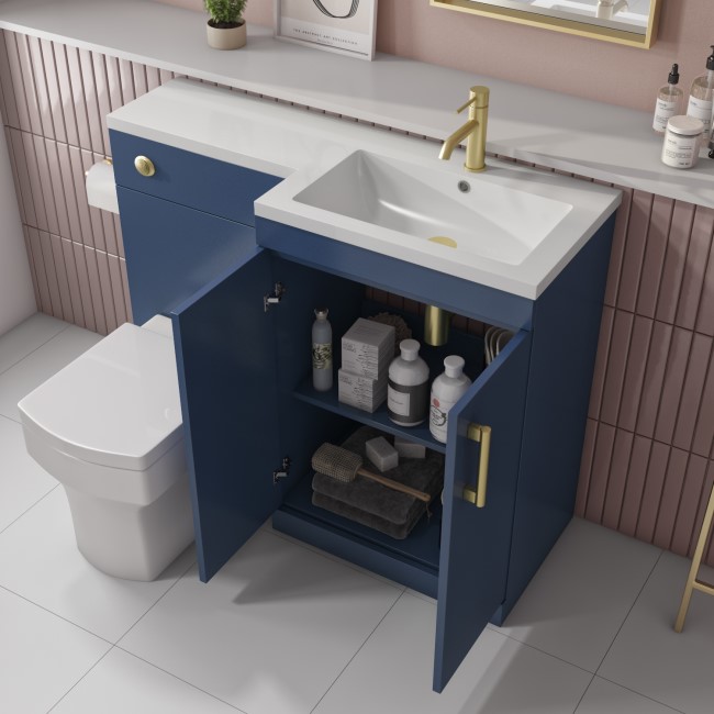 1100mm Blue Toilet and Sink Unit Right Hand with Square Toilet and Brass Fittings - Ashford