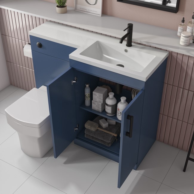 1100mm Blue Toilet and Sink Unit Right Hand with Square Toilet and Black Fittings - Ashford