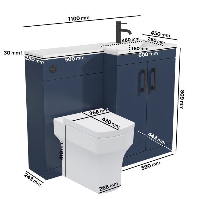 1100mm Blue Toilet and Sink Unit Right Hand with Square Toilet and Black Fittings - Ashford