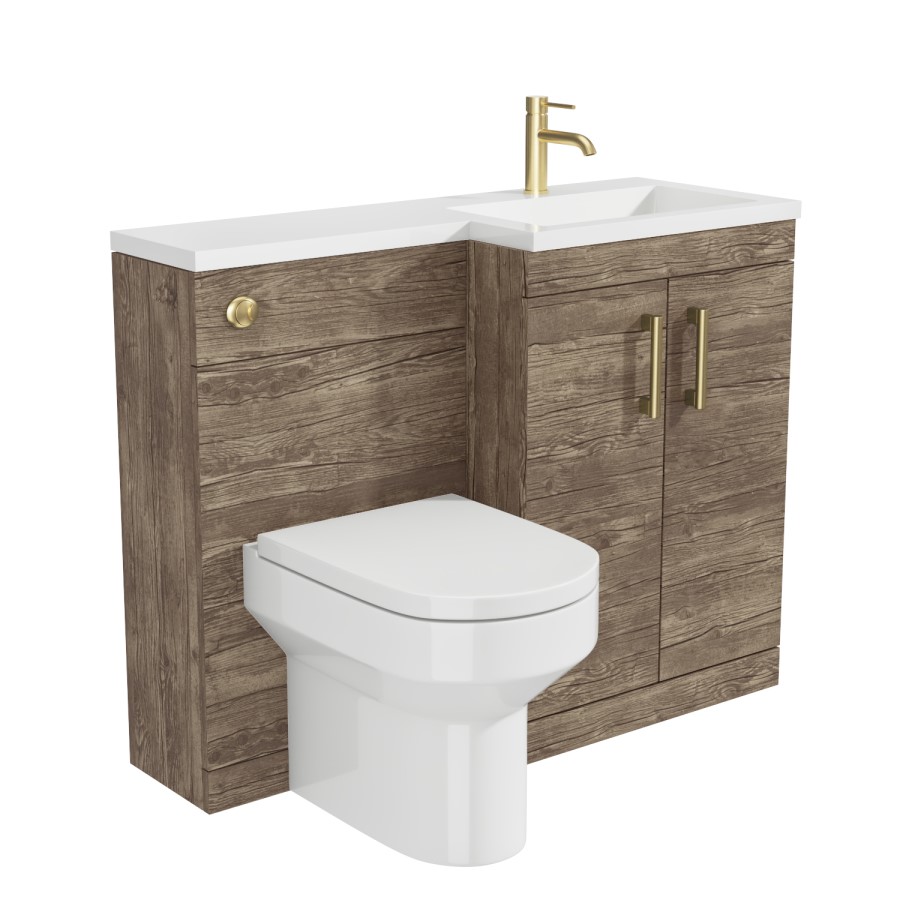 1100mm Wood Effect Toilet and Sink Unit Right Hand with Brass Fittings - Ashford