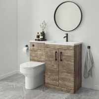 1100mm Wood Effect Toilet and Sink Unit Right Hand with Round Toilet and Black Fittings - Ashford