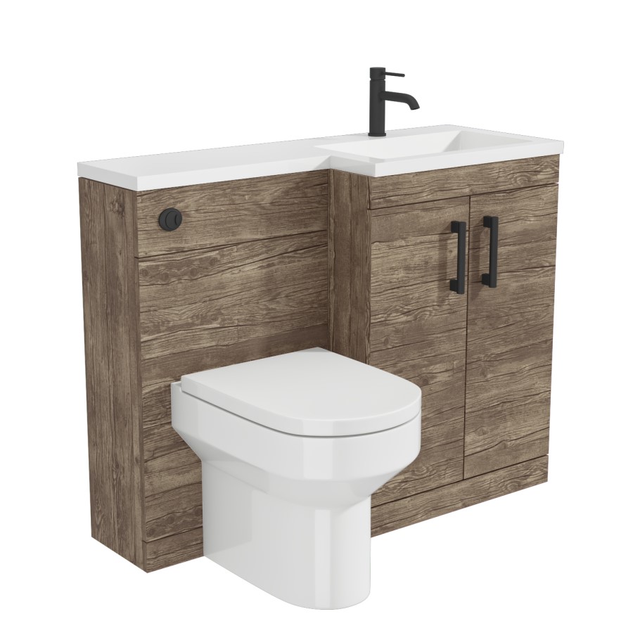 1100mm Wood Effect Toilet and Sink Unit Right Hand with Round Toilet and Black Fittings - Ashford
