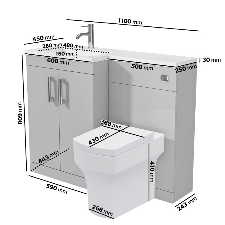 1100mm Grey Toilet and Sink Unit Left Hand with Square Toilet and Chrome Fittings - Ashford