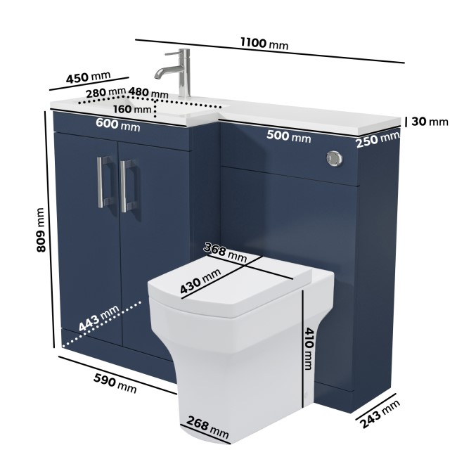 1100mm Blue Toilet and Sink Unit Left Hand with Square Toilet and Chrome Fittings - Ashford