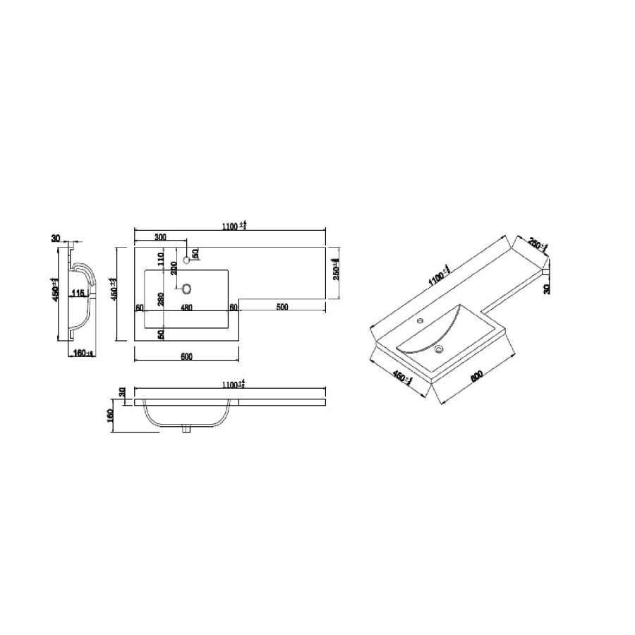 1100mm White Toilet and Sink Unit Left Hand with Square Toilet and Black Fittings - Ashford