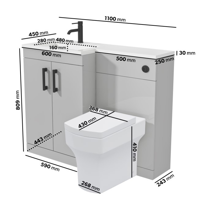 1100mm Grey Toilet and Sink Unit Left Hand with Square Toilet and Black Fittings - Ashford