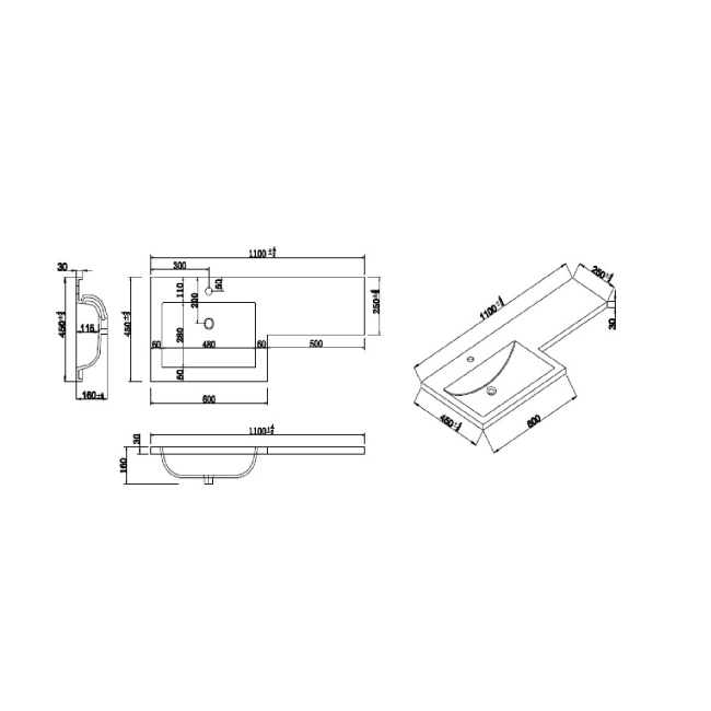 1100mm Grey Toilet and Sink Unit Left Hand with Square Toilet and Black Fittings - Ashford