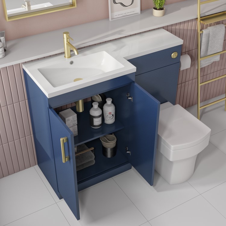 1100mm Blue Toilet and Sink Unit Left Hand with Square Toilet and Brass Fittings - Ashford