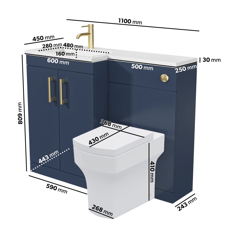 1100mm Blue Toilet and Sink Unit Left Hand with Square Toilet and Brass Fittings - Ashford