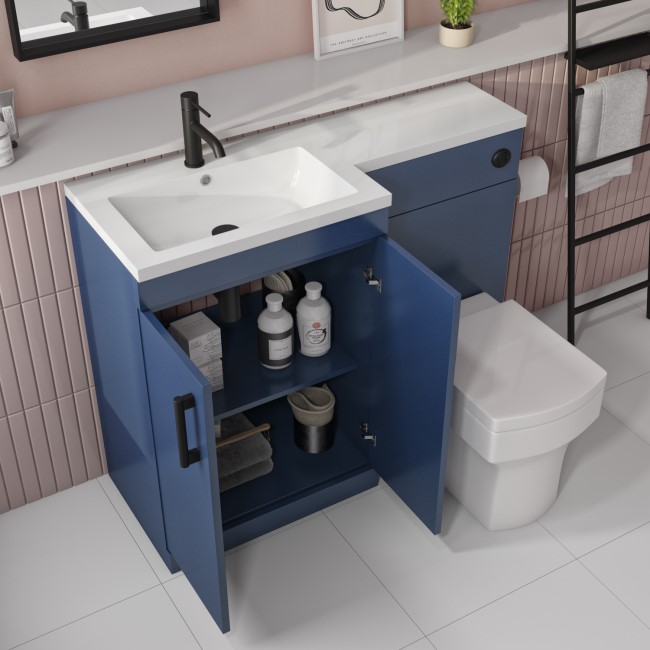 1100mm Blue Toilet and Sink Unit Left Hand with Square Toilet and Black Fittings - Ashford