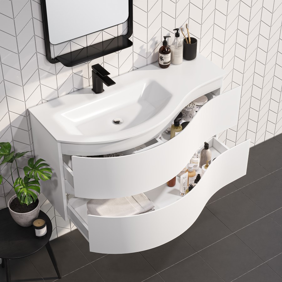 1000mm White Wall Hung Left Hand Curved Vanity Unit with Basin  - Tulum