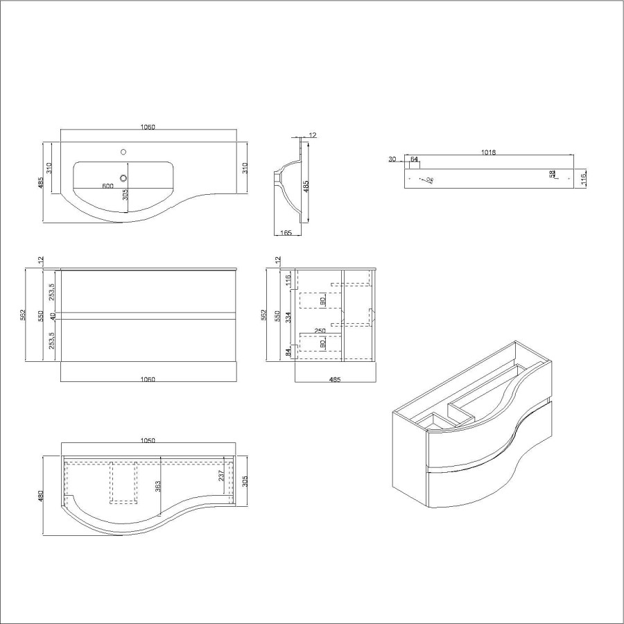 1000mm White Wall Hung Left Hand Curved Vanity Unit with Basin  - Tulum