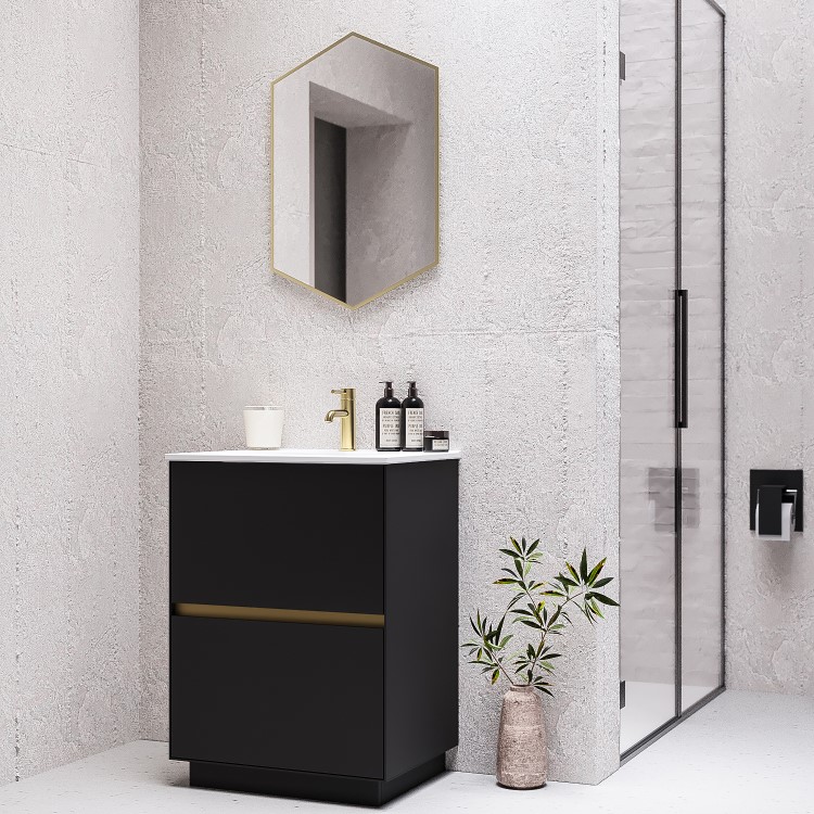 600mm Black Freestanding Vanity Unit with Matt White Basin - Roxbi