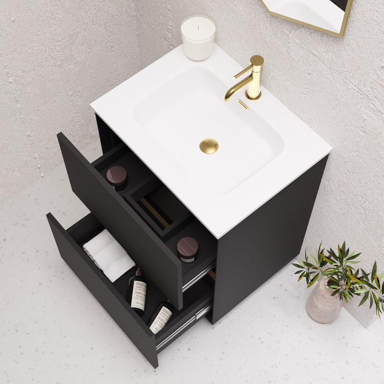 600mm Black Freestanding Vanity Unit with Matt White Basin - Roxbi