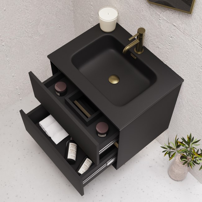 600mm Black Wall Hung Vanity Unit with Matt Black Basin - Roxbi