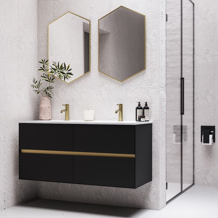 Grade A2 - 1200mm Black Wall Hung Double Vanity Unit with Basins - Roxbi