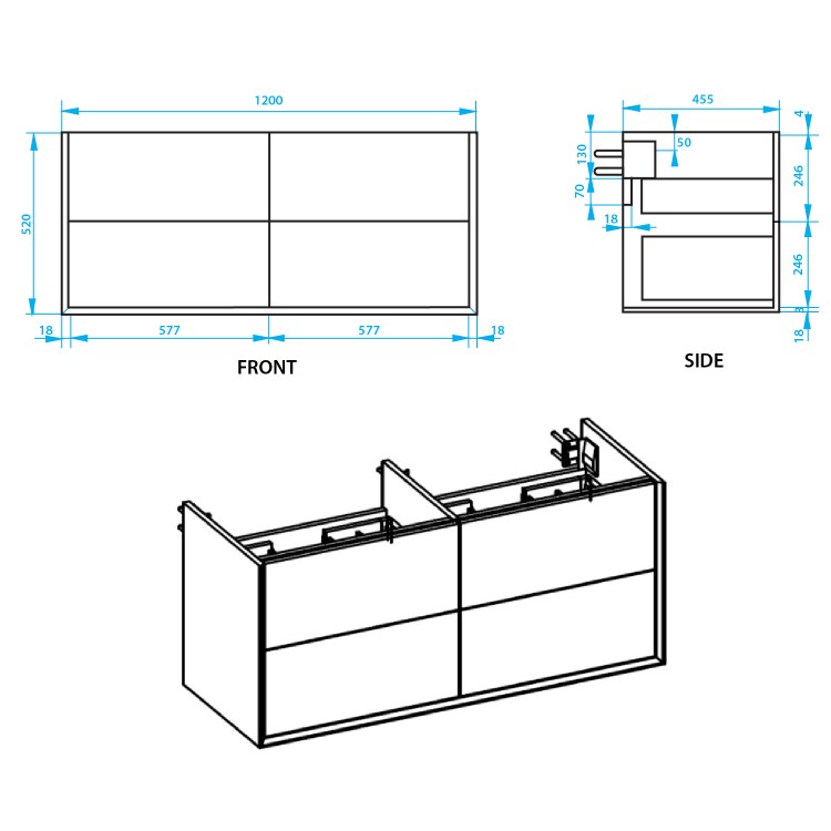 Grade A2 - 1200mm Black Wall Hung Double Vanity Unit with Basins - Roxbi