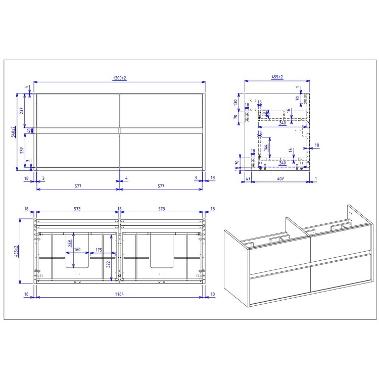 Grade A2 - 1200mm Black Wall Hung Double Vanity Unit with Basins - Roxbi