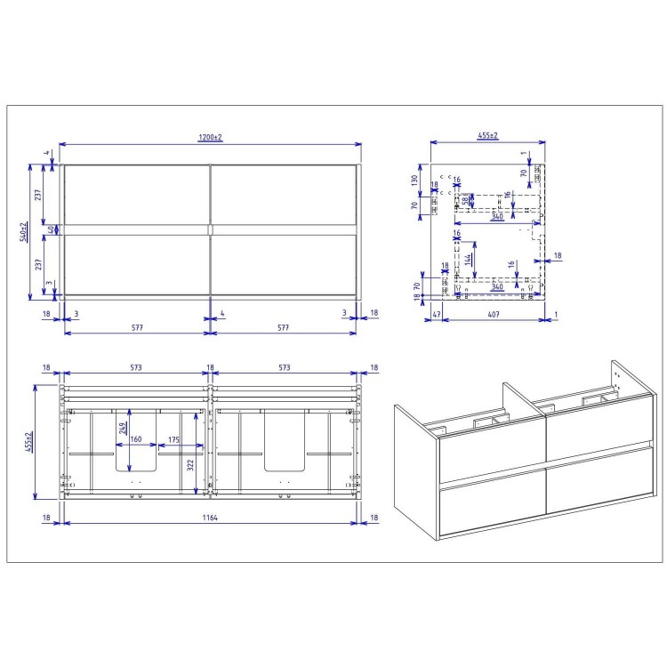 1200mm Wood Effect Wall Hung Double Countertop Vanity Unit- Roxbi