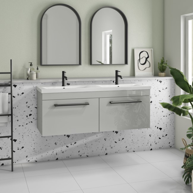 1200mm Grey Wall Hung Double Vanity Unit with Basins and Black Handles - Ashford 