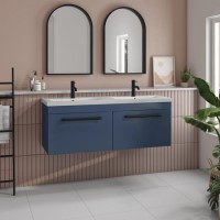 1200mm Blue Wall Hung Double Vanity Unit with Basins and Matt Black Handles - Ashford 