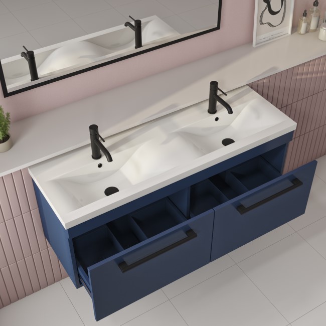 1200mm Blue Wall Hung Double Vanity Unit with Basins and Matt Black Handles - Ashford 