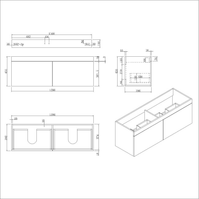 1200mm Blue Wall Hung Double Vanity Unit with Basins and Matt Black Handles - Ashford 