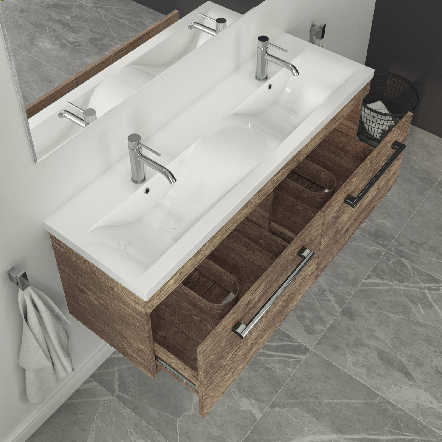 1200mm Wood Effect Wall Hung Double Vanity Unit with Basin and Chrome