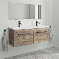 1200mm Wood Effect Wall Hung Double Vanity Unit with Basin and Black Handles - Ashford 