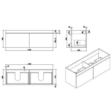 1200mm Wood Effect Wall Hung Double Vanity Unit with Basin and Black Handles - Ashford 